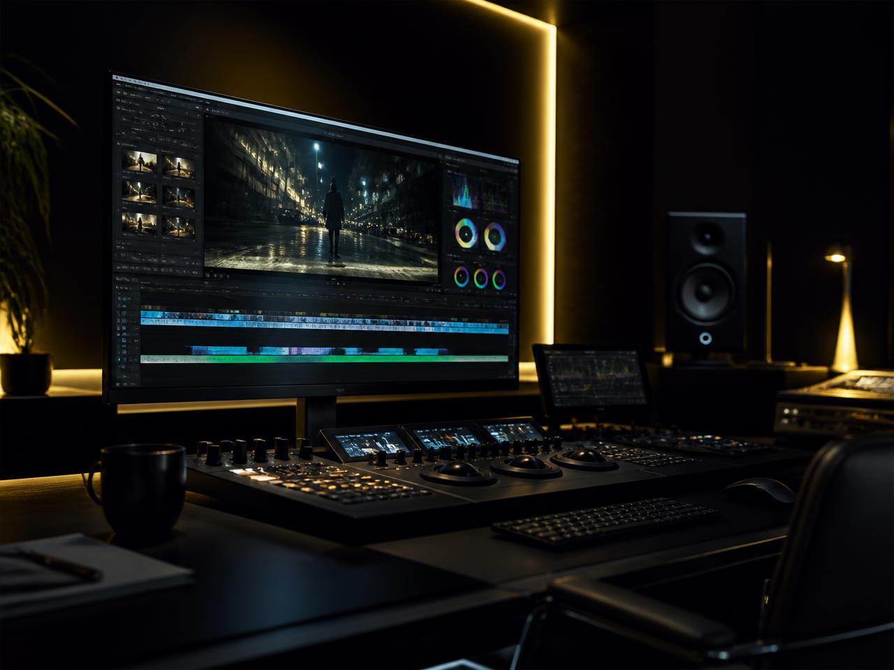 Cinematic video editing suite with colour grading tools